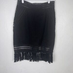 NWT Jonathan Simkhai Black Crochet Knit Fringe Skirt size L